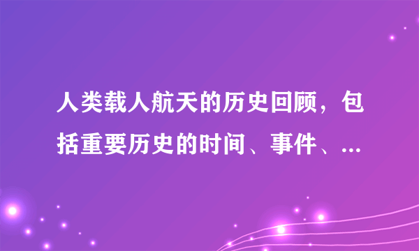 人类载人航天的历史回顾，包括重要历史的时间、事件、人物以及 相应的图片资料。 跪求