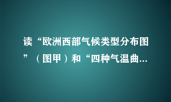 读“欧洲西部气候类型分布图”（图甲）和“四种气温曲线和降水量柱状图”（图乙），完成第6～7题．6．欧