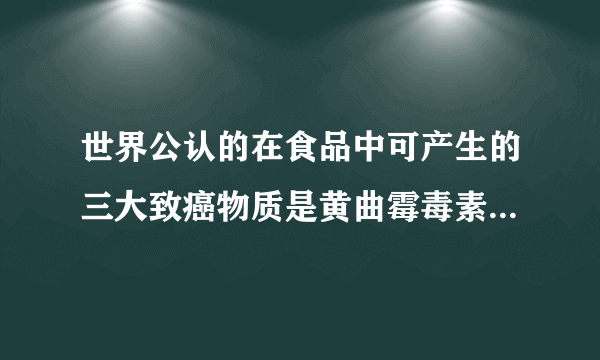 世界公认的在食品中可产生的三大致癌物质是黄曲霉毒素、苯并芘和亚硝胺，其中黄曲霉毒素污染主要存在于下