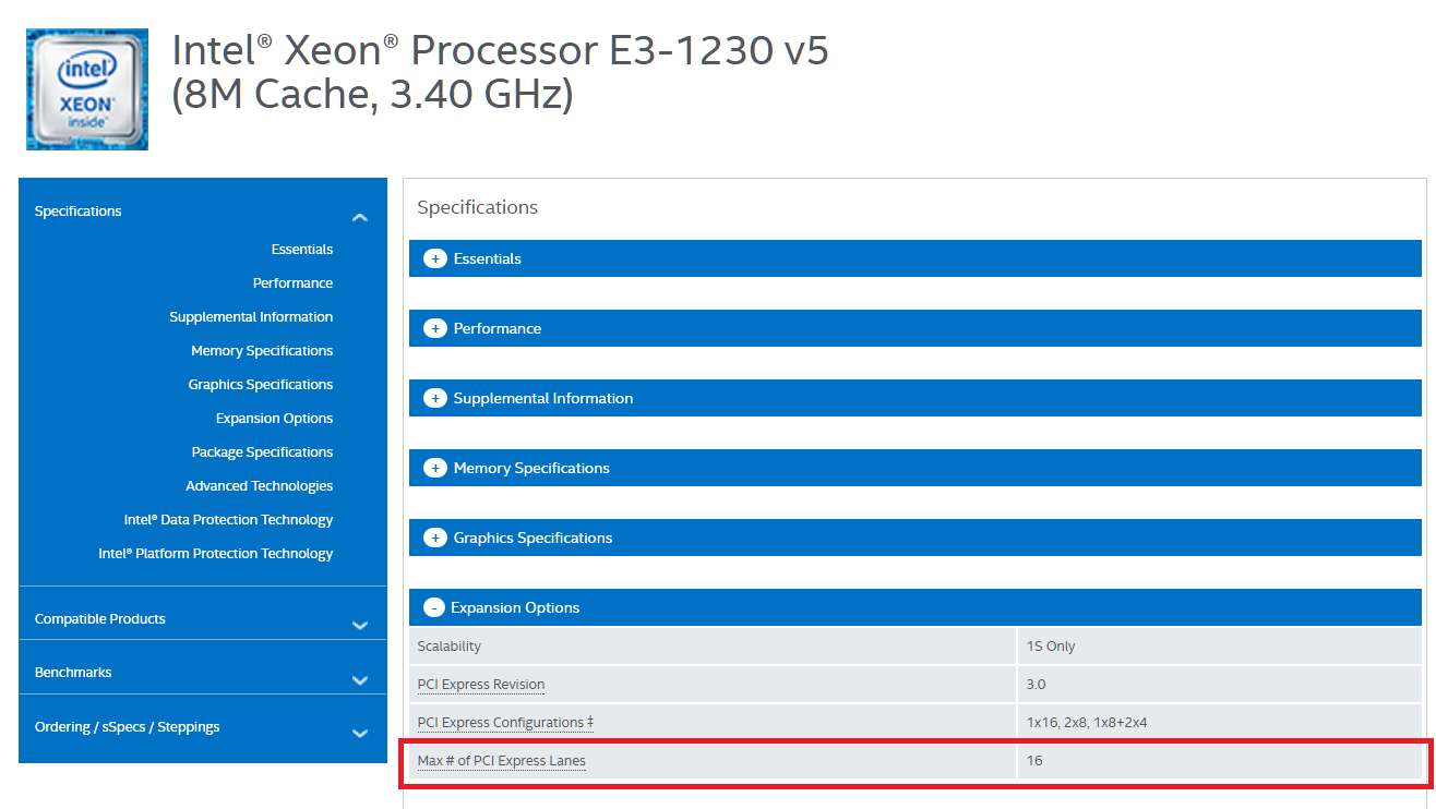 intel xeon e3-1230 v5多少条pci-e