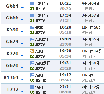 洛阳到北京高铁时刻表