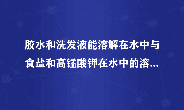 胶水和洗发液能溶解在水中与食盐和高锰酸钾在水中的溶解有何不同